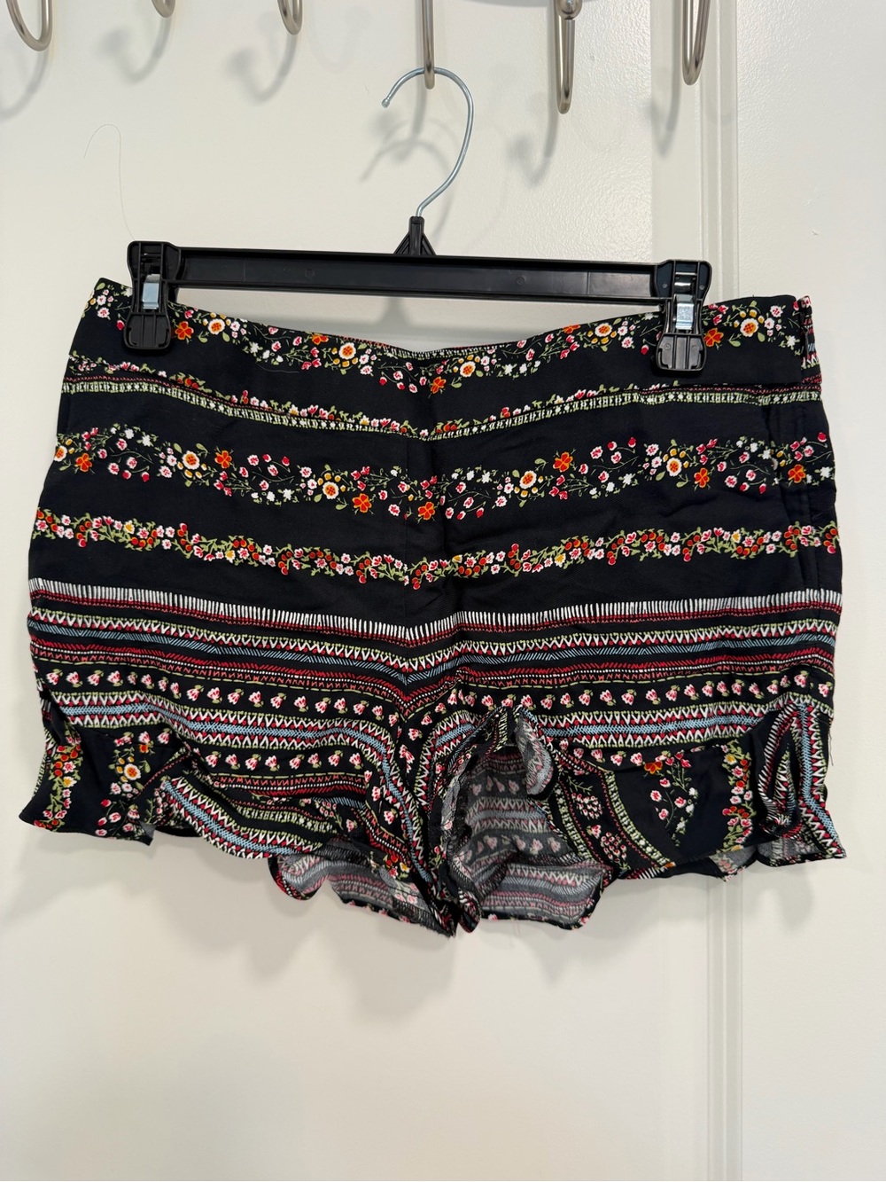 LOFT Black Floral Stripe Ruffle Hem Shorts